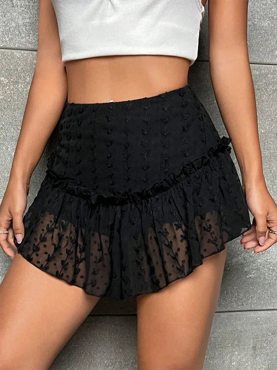 Lace Mini Y2k Sheer Ruffle Hem Bodycon Short Fairycore Layered Pleated Aesthetic Floral Skirt