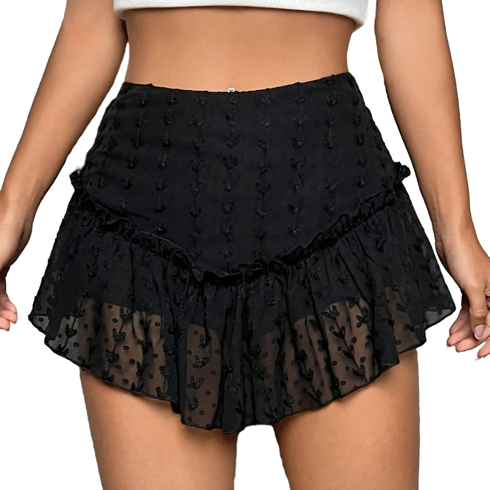 Lace Mini Y2k Sheer Ruffle Hem Bodycon Short Fairycore Layered Pleated Aesthetic Floral Skirt