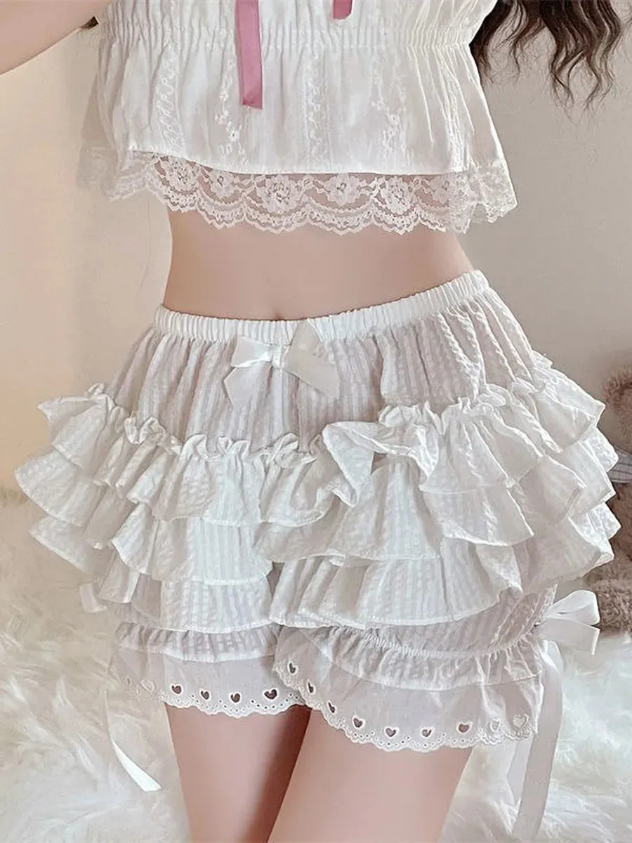 Lace Splice Layered Bodycon Ruffle Elastic Waist Bow Sweet Cute Lolita Mini Y2k Short