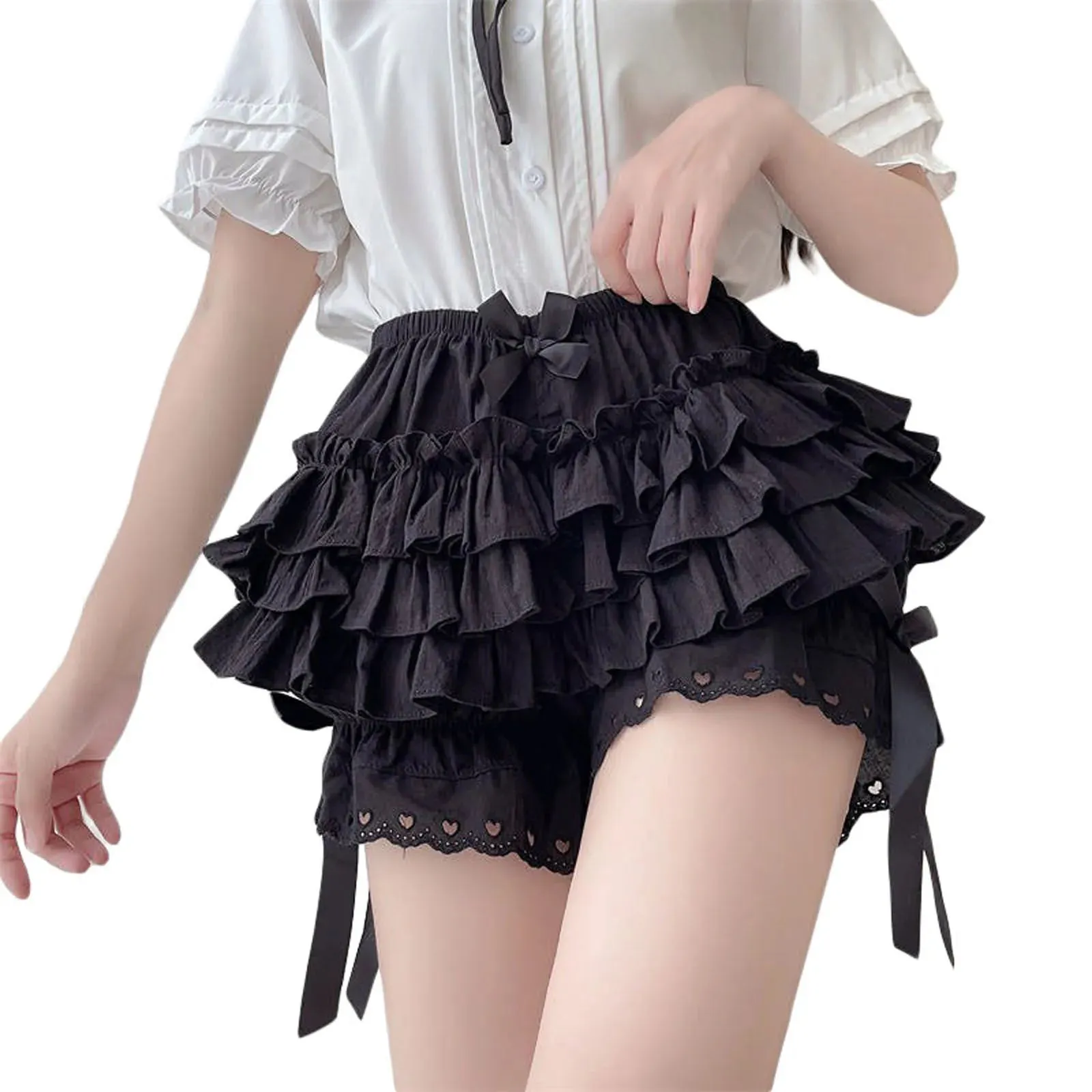 Lace Splice Layered Bodycon Ruffle Elastic Waist Bow Sweet Cute Lolita Mini Y2k Short