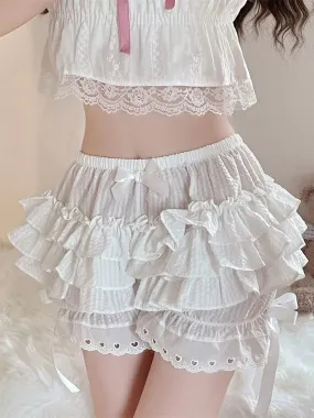 Lace Splice Layered Bodycon Ruffle Elastic Waist Bow Sweet Cute Lolita Mini Y2k Short