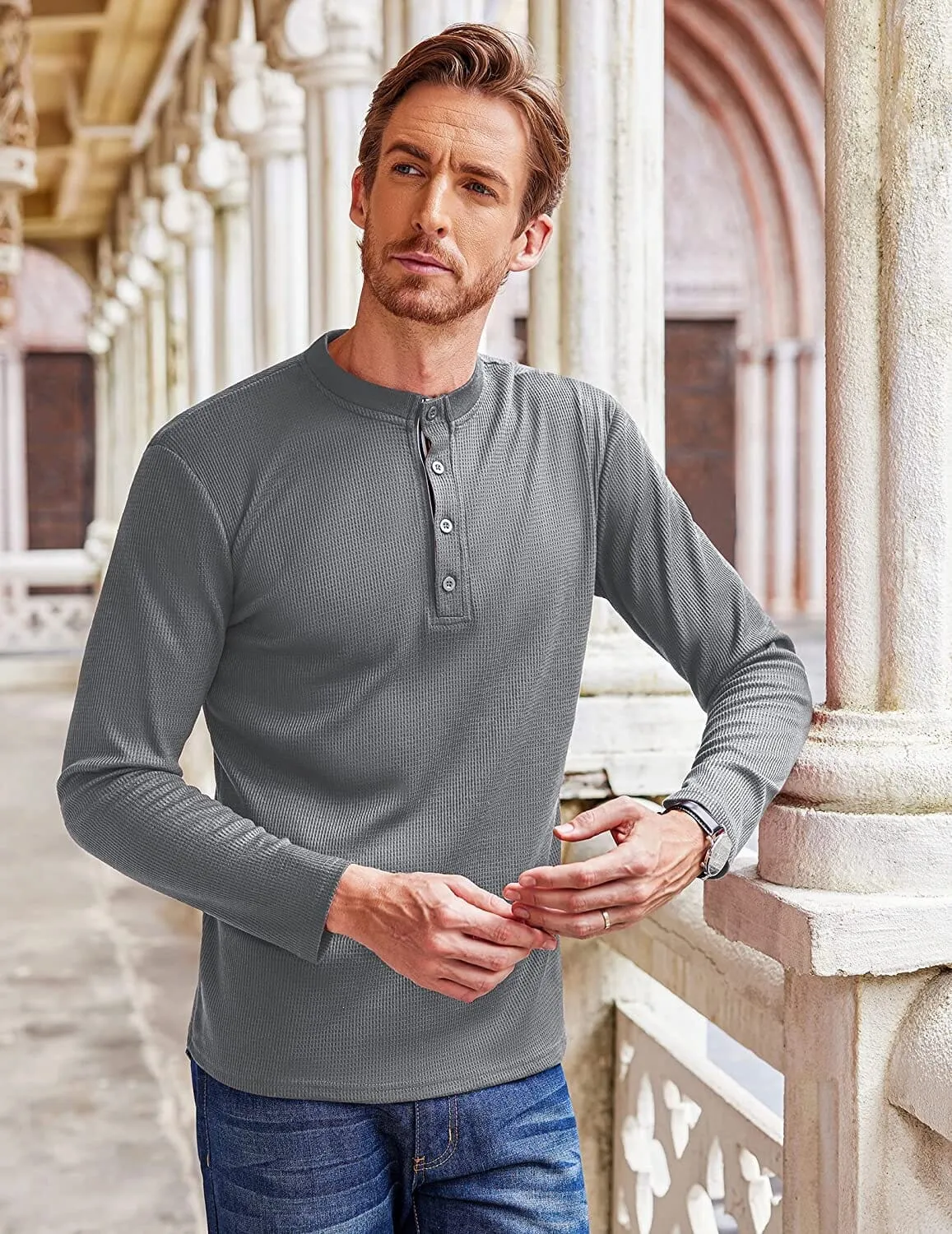 Long Sleeve Waffle Henley Shirts (US Only)