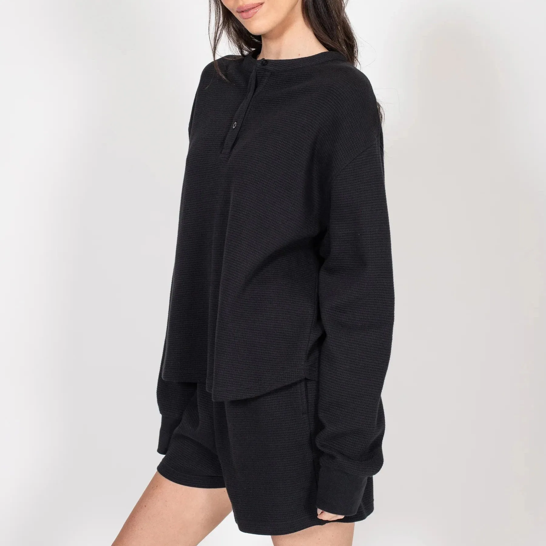 Long Sleeve Waffle Knit Boxy Henley Top