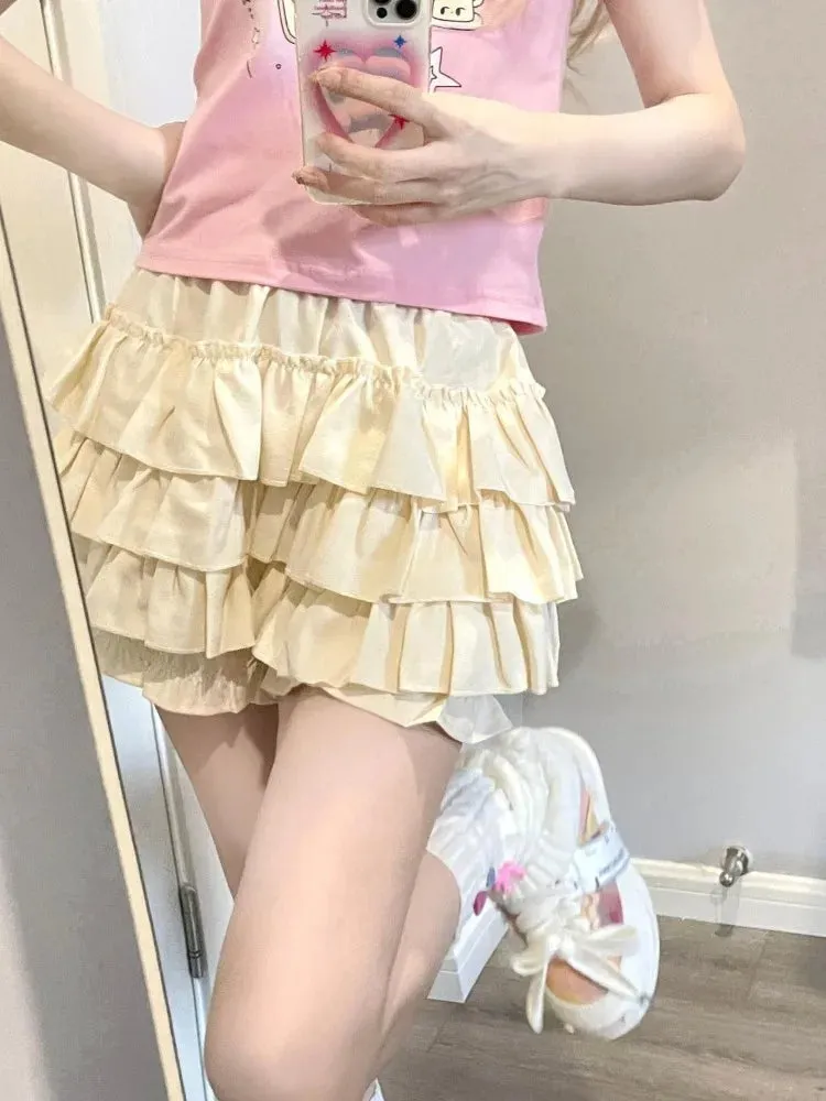 LVSANW DEEPTOWN Kawaii Lolita Skirt Women Ruffle Layered High Waist Cutecore Mini Skirt Shorts Harajuku Japanese Style Soft Girl