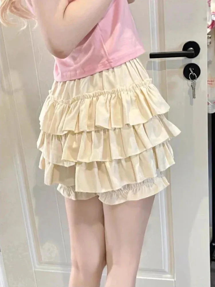 LVSANW DEEPTOWN Kawaii Lolita Skirt Women Ruffle Layered High Waist Cutecore Mini Skirt Shorts Harajuku Japanese Style Soft Girl