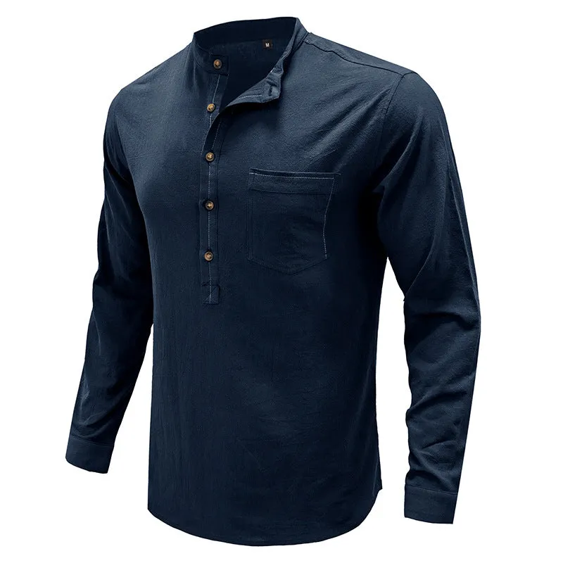 Mens Casual Blouse  Flex Henley Long Sleeve Pocket T Shirts Loose Tops  |  220505