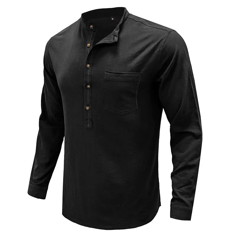 Mens Casual Blouse  Flex Henley Long Sleeve Pocket T Shirts Loose Tops  |  220505