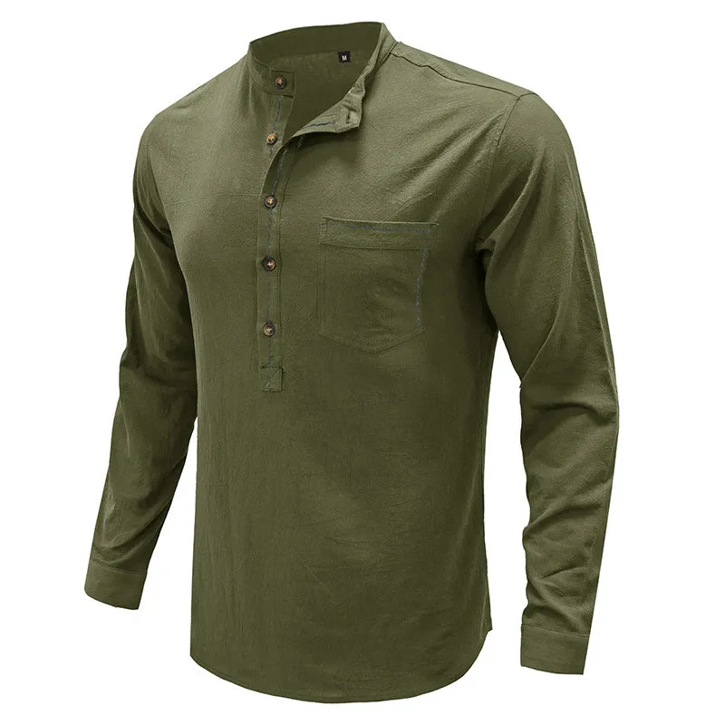 Mens Casual Blouse  Flex Henley Long Sleeve Pocket T Shirts Loose Tops  |  220505