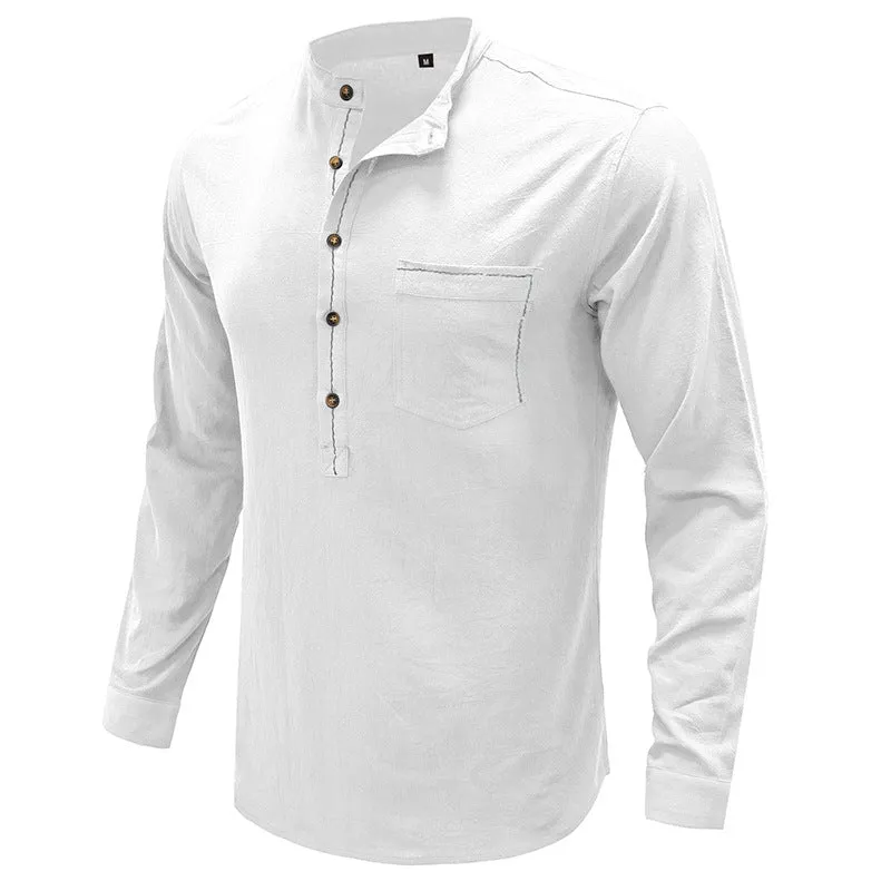 Mens Casual Blouse  Flex Henley Long Sleeve Pocket T Shirts Loose Tops  |  220505