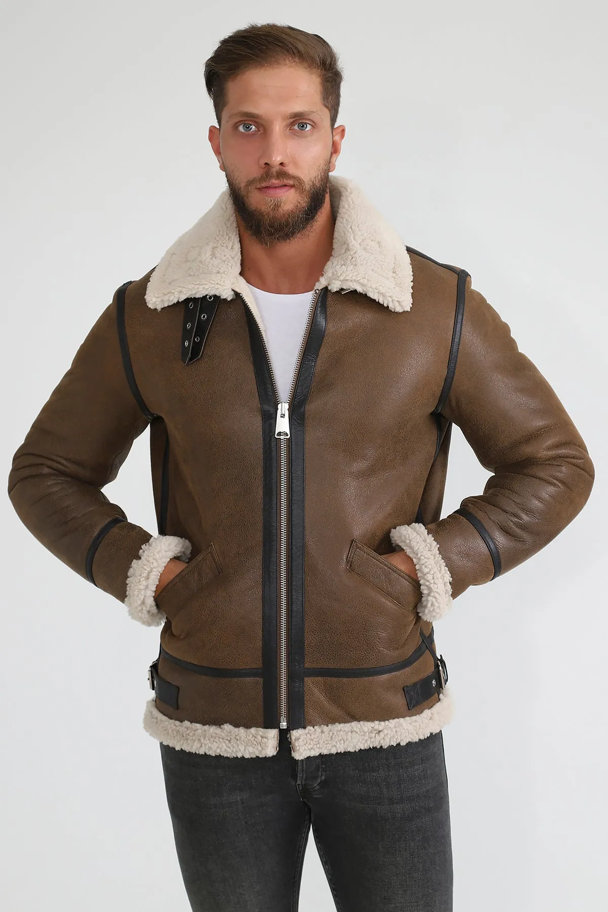 Men's Shearling Aviator Jacket, Vintage Camel with Beige Curly Wool