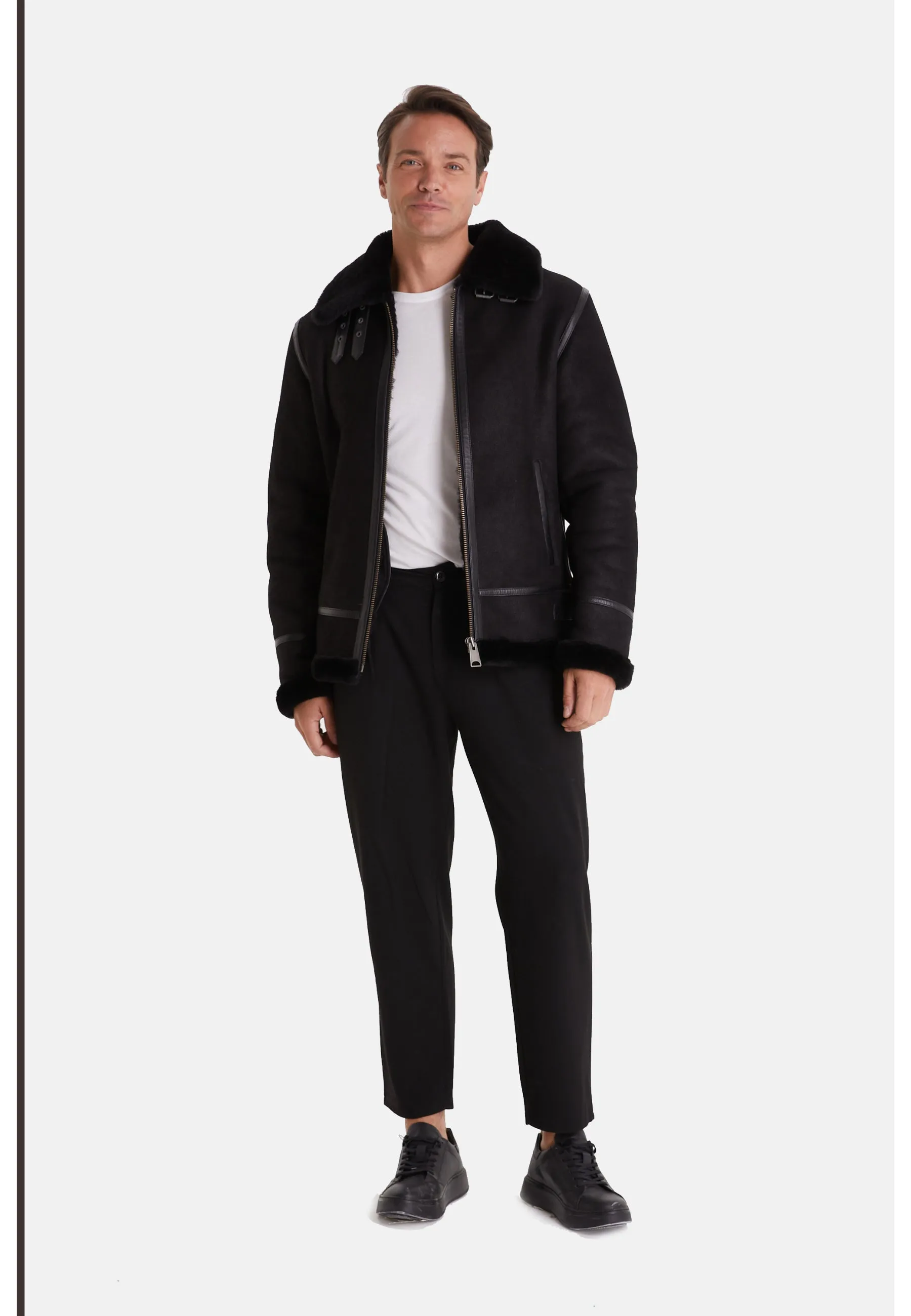 Men's Shearling Aviator Jacket, Washed Black with Black Wool