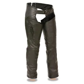 Milwaukee Leather Chaps for Women Black Naked Skin- Classic Black Color Wing Embroidery Motorcycle Chap- ML1179