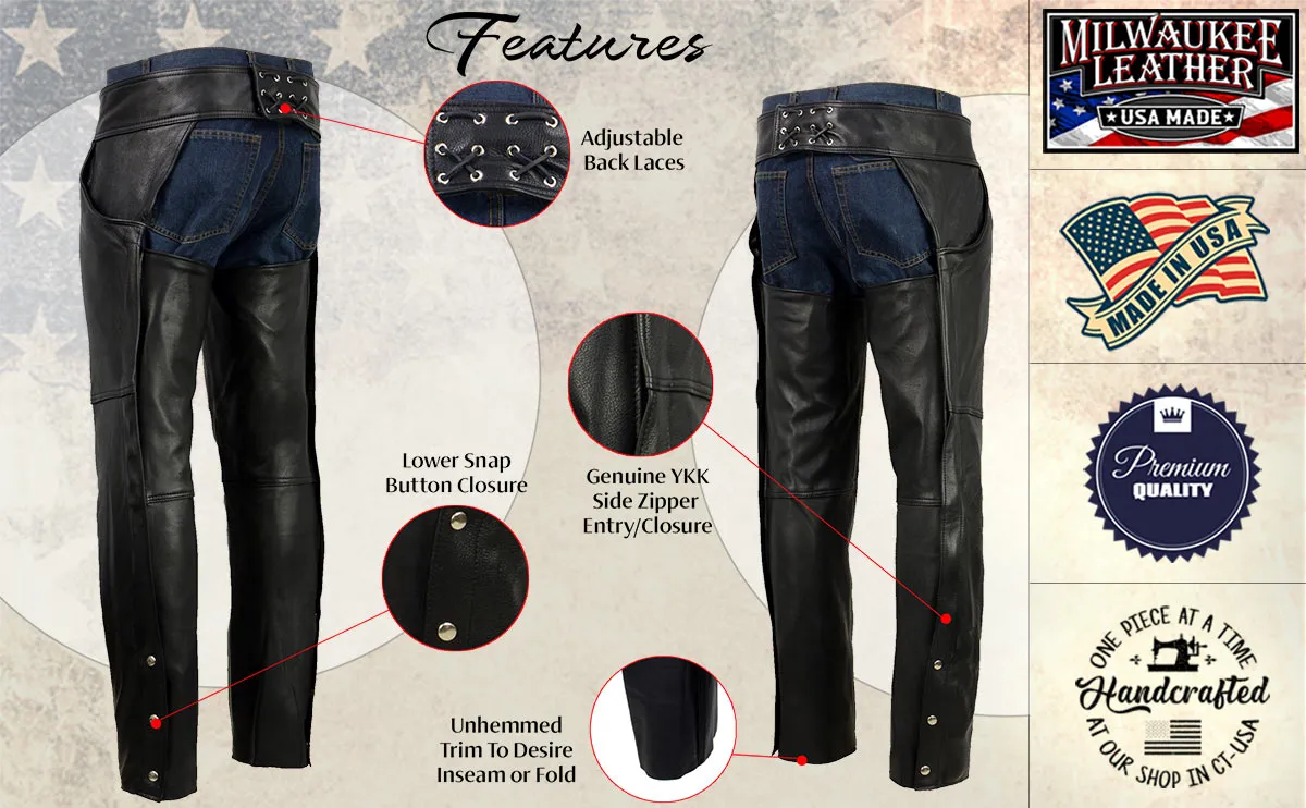 Milwaukee Leather USA MADE MLM5570 Men's Black 'Enfold' Classic Premium Leather Motorcycle Chaps with Jean Pockets