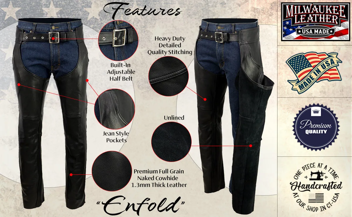 Milwaukee Leather USA MADE MLM5570 Men's Black 'Enfold' Classic Premium Leather Motorcycle Chaps with Jean Pockets