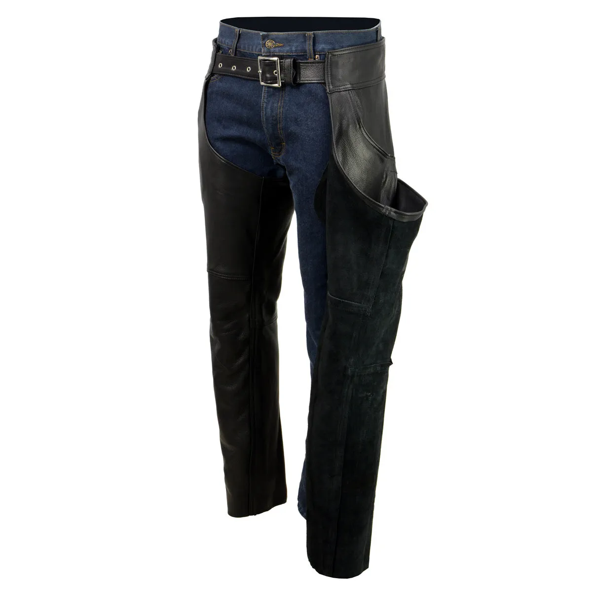 Milwaukee Leather USA MADE MLM5570 Men's Black 'Enfold' Classic Premium Leather Motorcycle Chaps with Jean Pockets