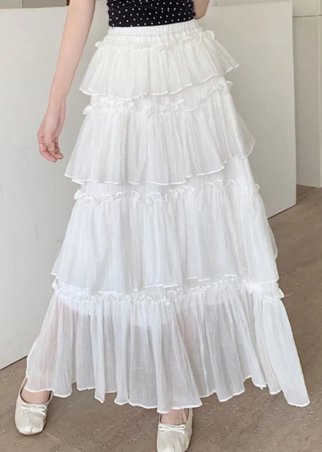 New White Ruffled Layered Patchwork Cotton Skirts Summer QQ1056