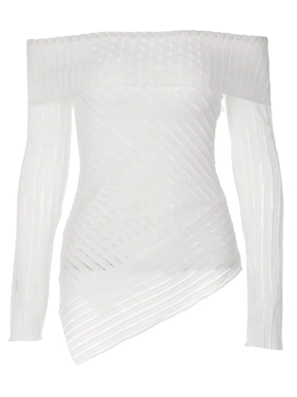 Off-The-Shoulder Long Sleeve Asymmetric See-Through Top