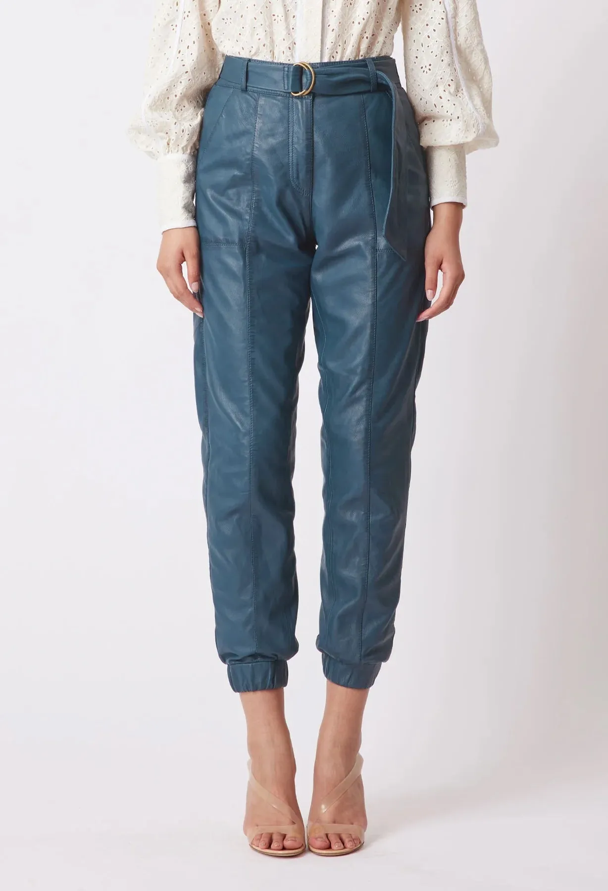 ONCE WAS TALLITHA LEATHER HI WAIST ELASTIC CUFF PANT IN STEEL BLUE