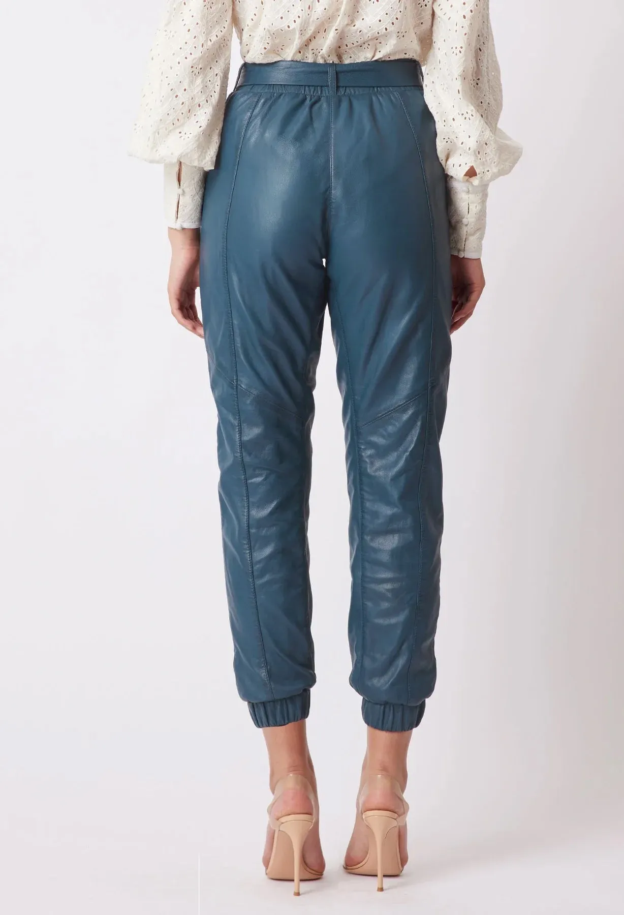 ONCE WAS TALLITHA LEATHER HI WAIST ELASTIC CUFF PANT IN STEEL BLUE