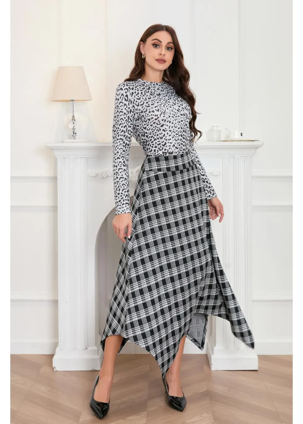 Plaid Charm Asymmetrical Skirt