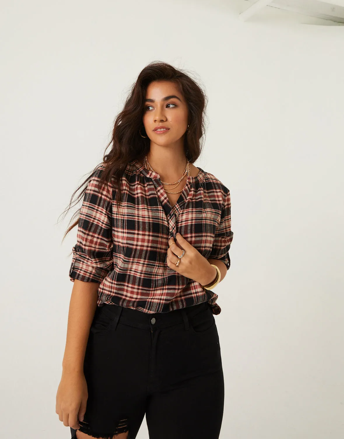 Plus Size Plaid Henley Top