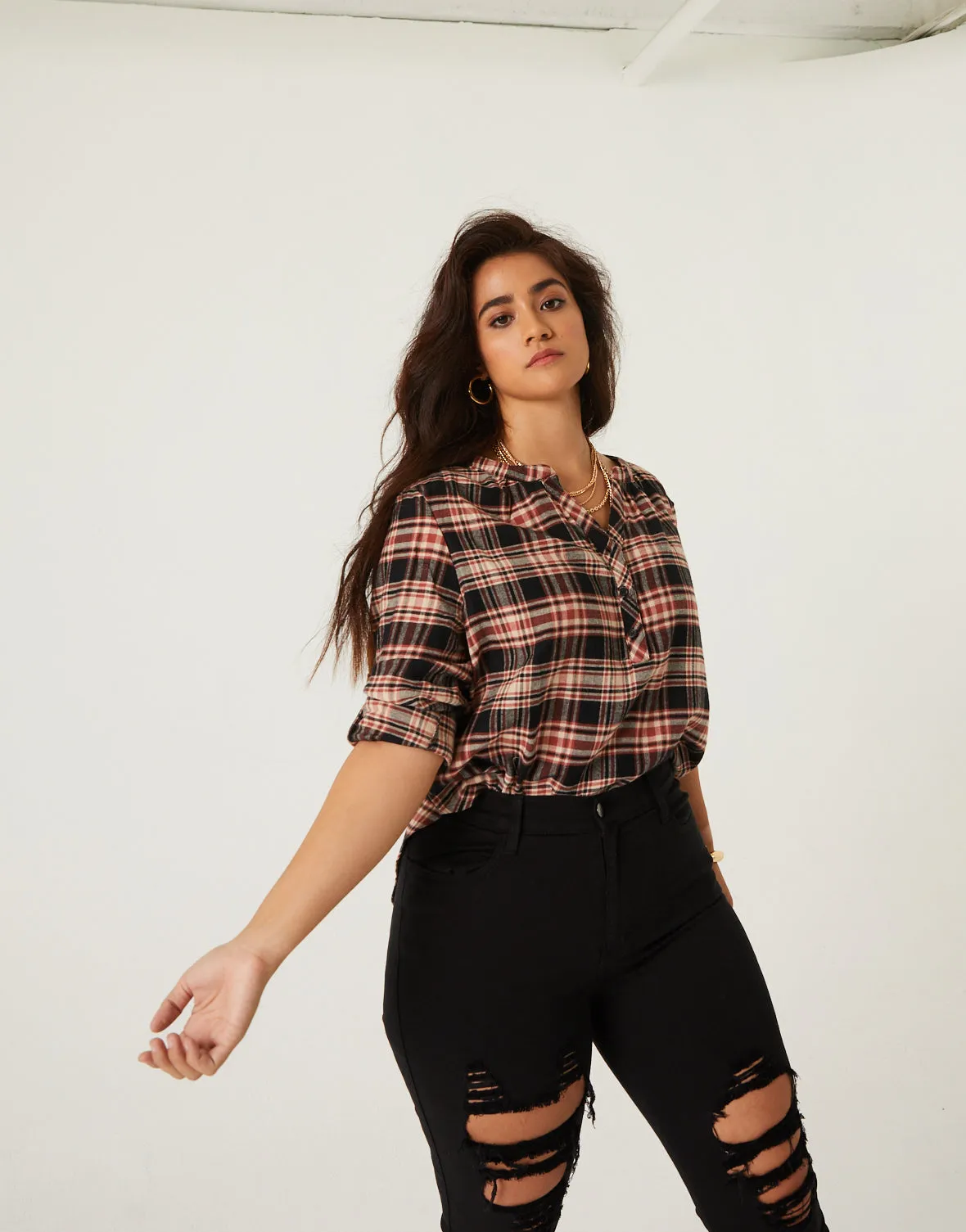 Plus Size Plaid Henley Top