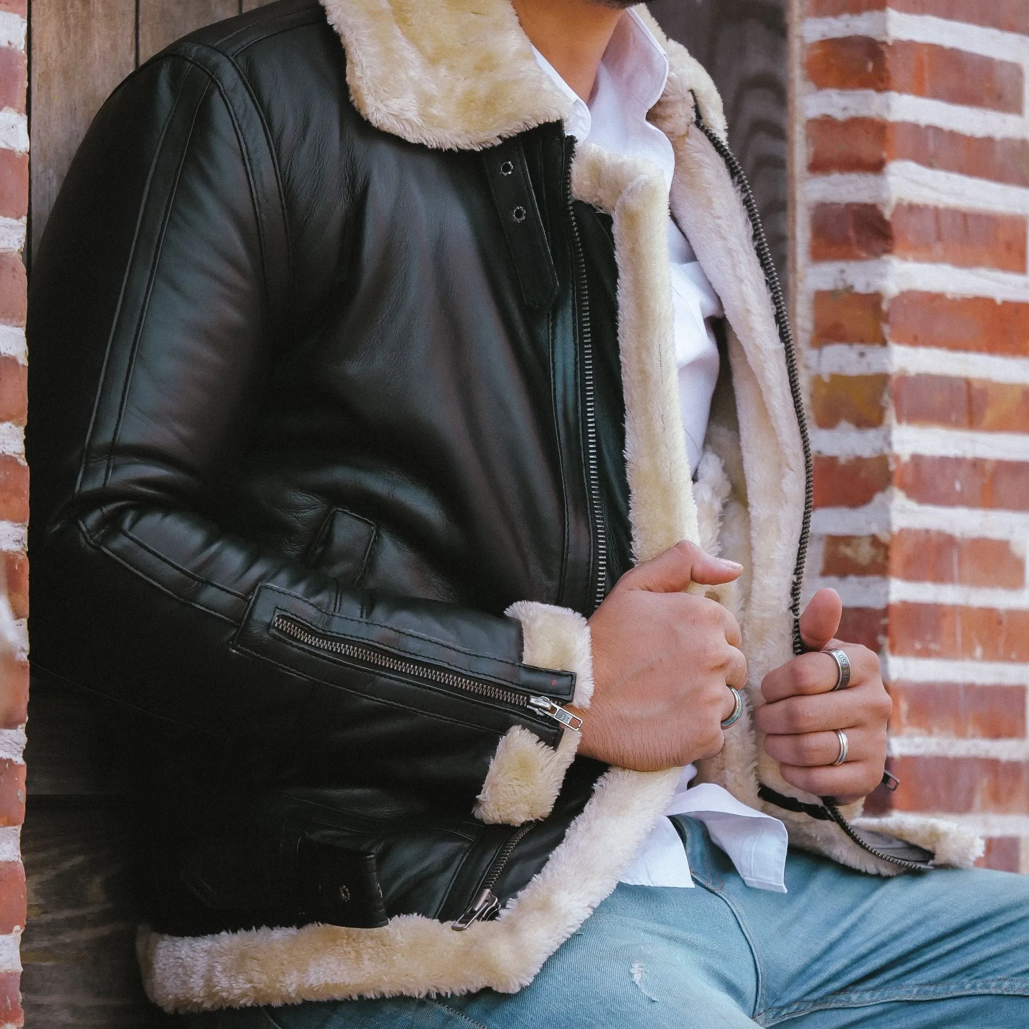 Premium Shearling Fur Leather Jacket-Black