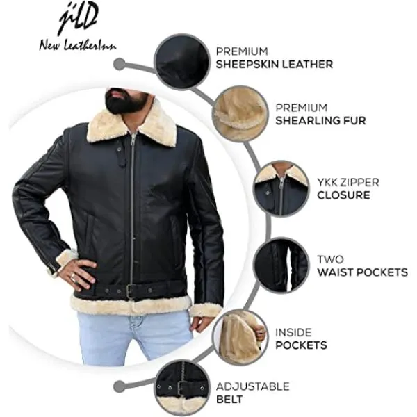 Premium Shearling Fur Leather Jacket-Black