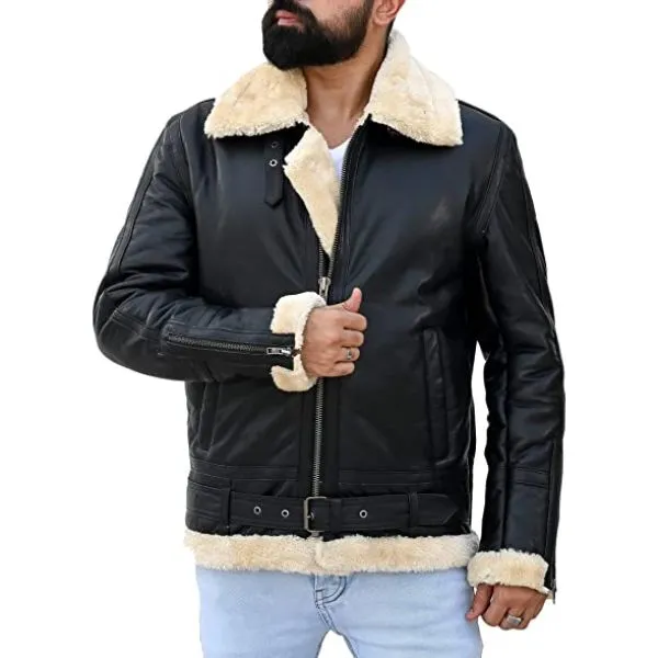 Premium Shearling Fur Leather Jacket-Black