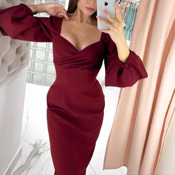 Puffy sleeves and square neckline with one shoulder sexy backless slim dress