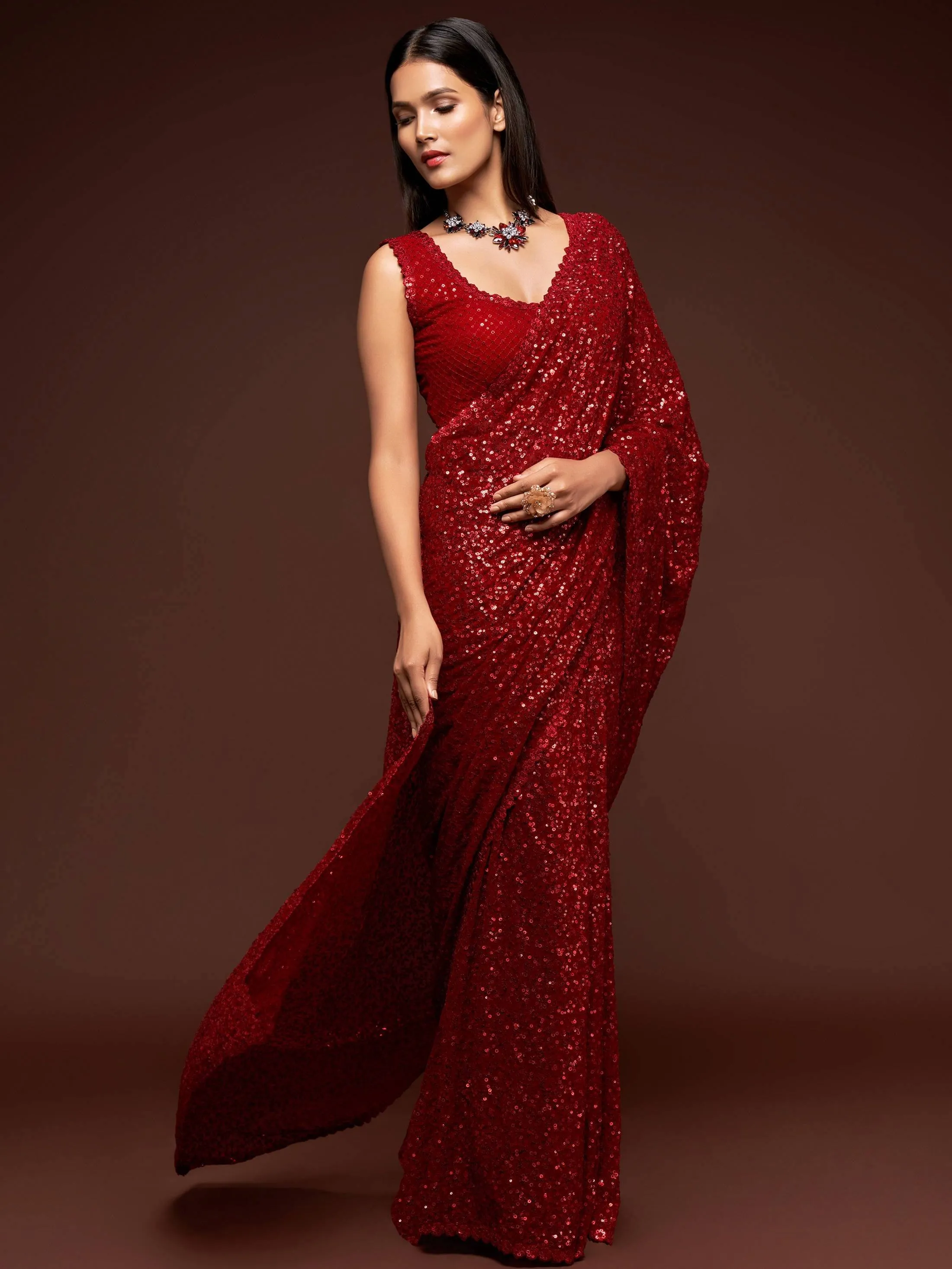 Red Georgette Sequined Saree