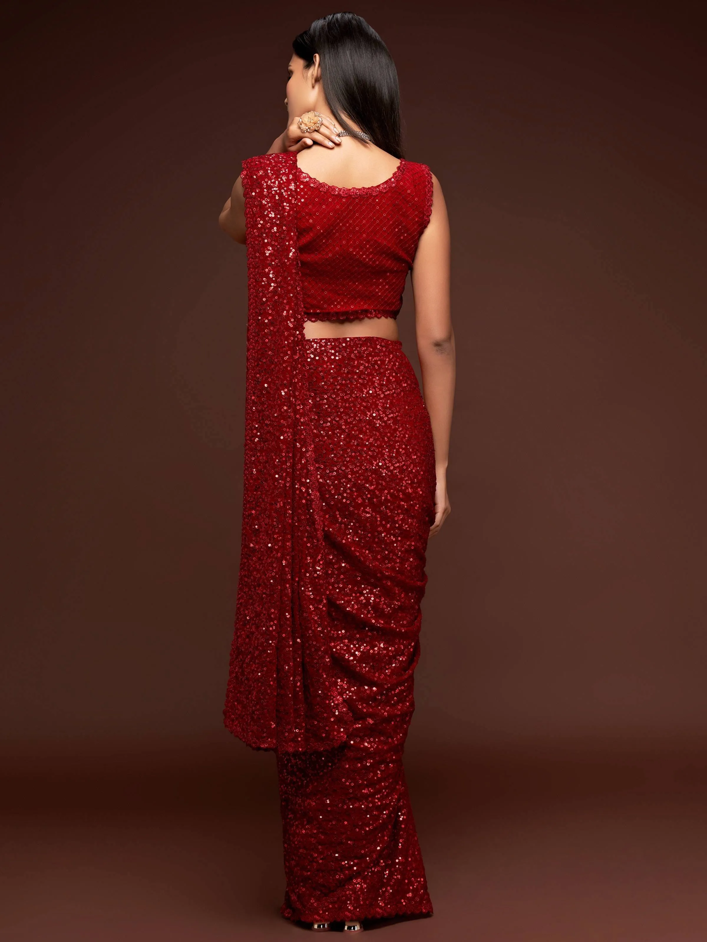 Red Georgette Sequined Saree