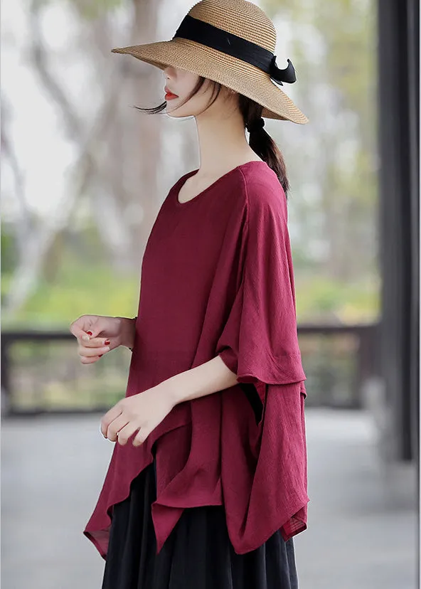 Red Loose Cotton Tank Tops Asymmetrical Design Batwing Sleeve