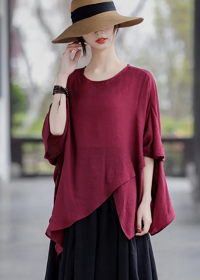 Red Loose Cotton Tank Tops Asymmetrical Design Batwing Sleeve