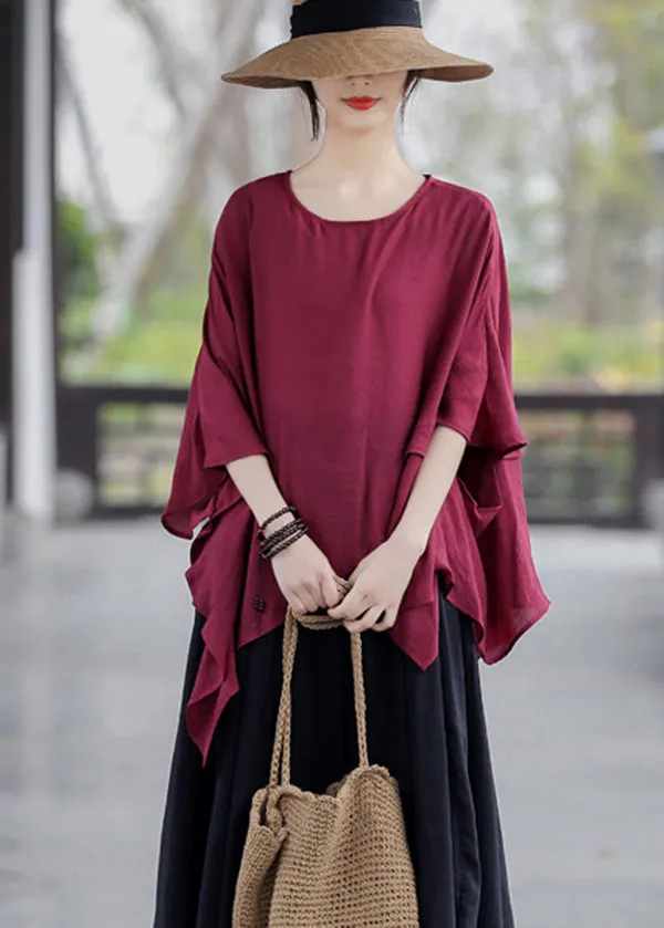 Red Loose Cotton Tank Tops Asymmetrical Design Batwing Sleeve