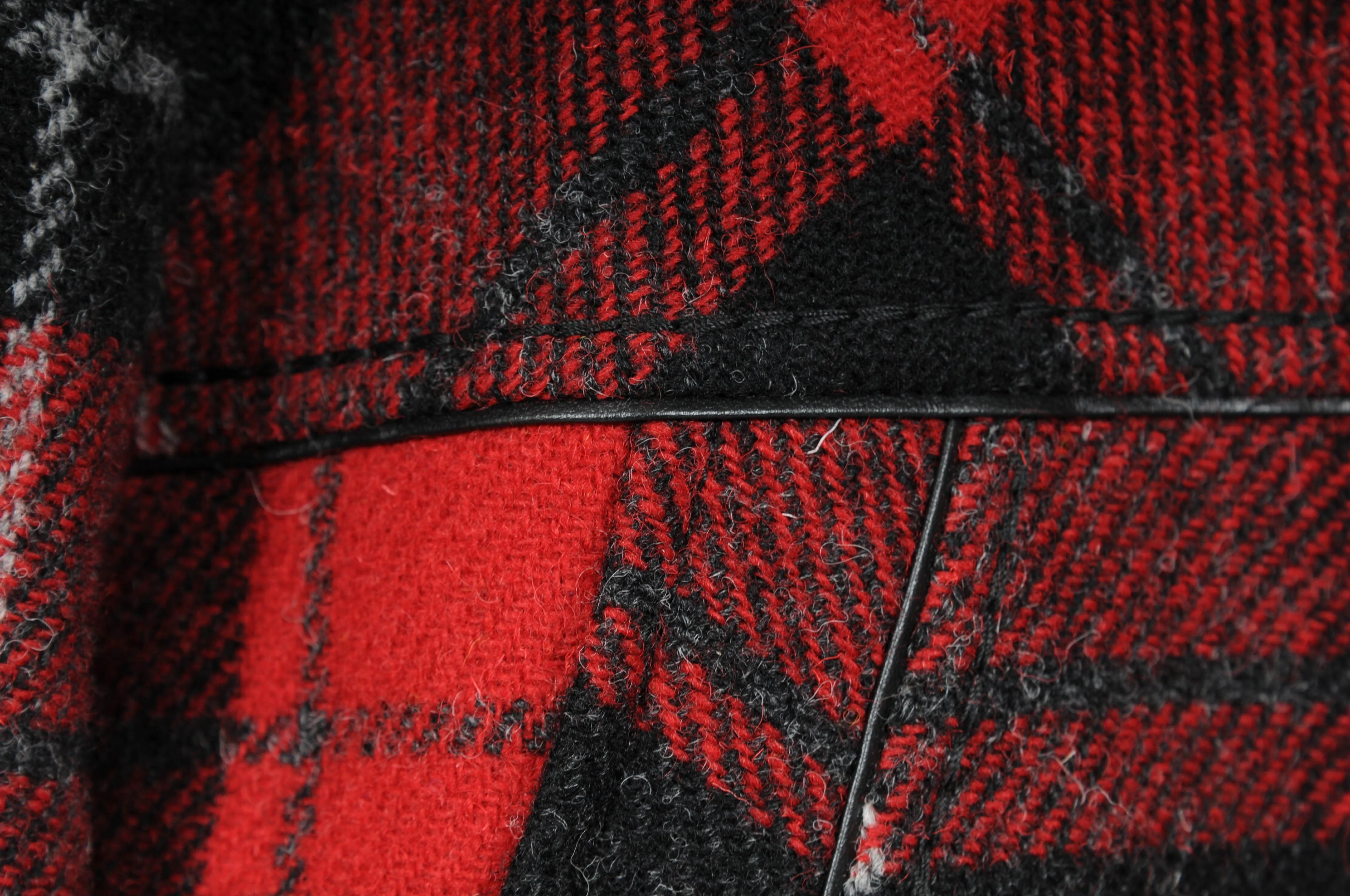 Saint Laurent Red Tartan Print Quilted Wool Shearling Collar Jacket Coat