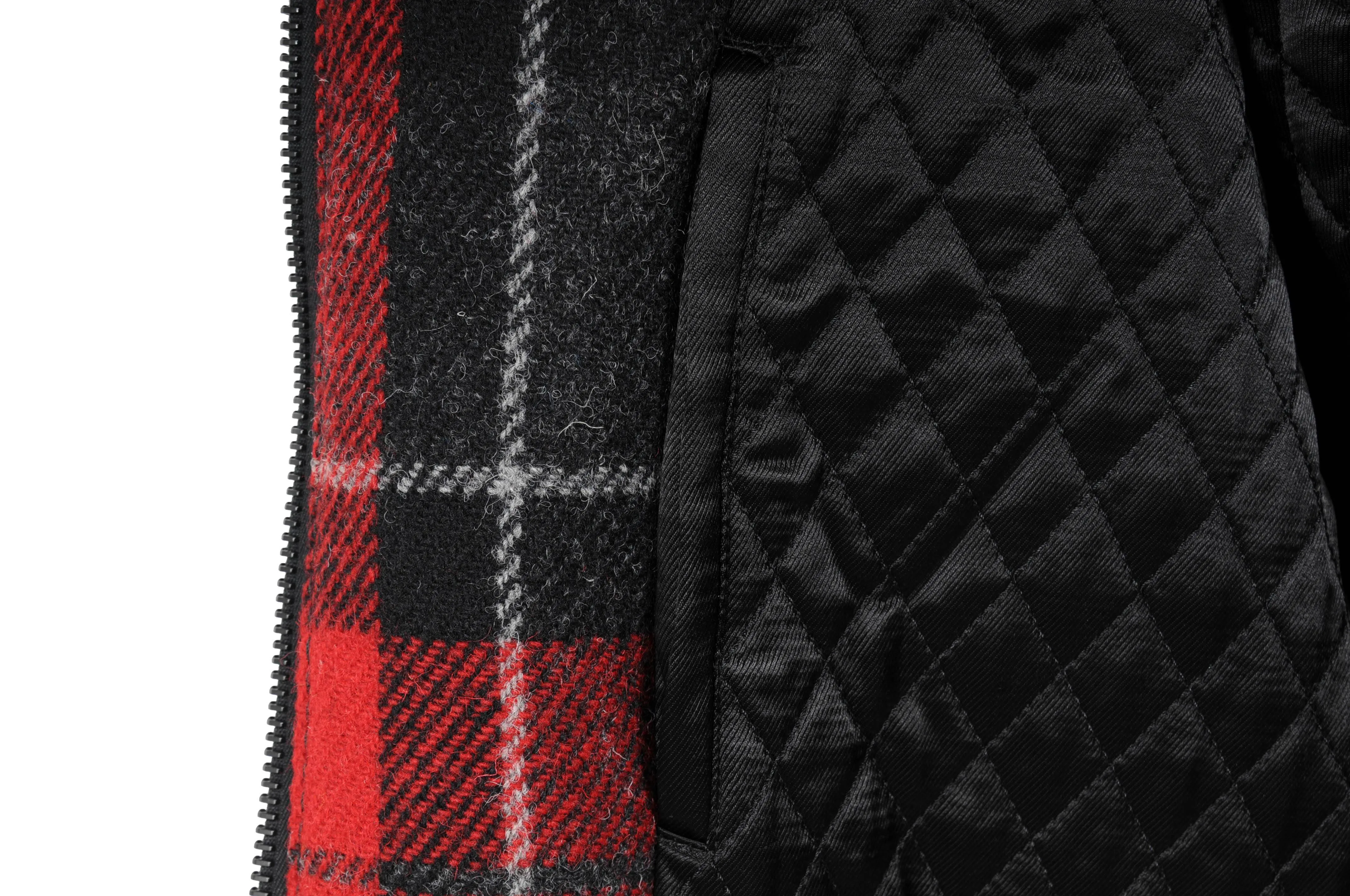 Saint Laurent Red Tartan Print Quilted Wool Shearling Collar Jacket Coat