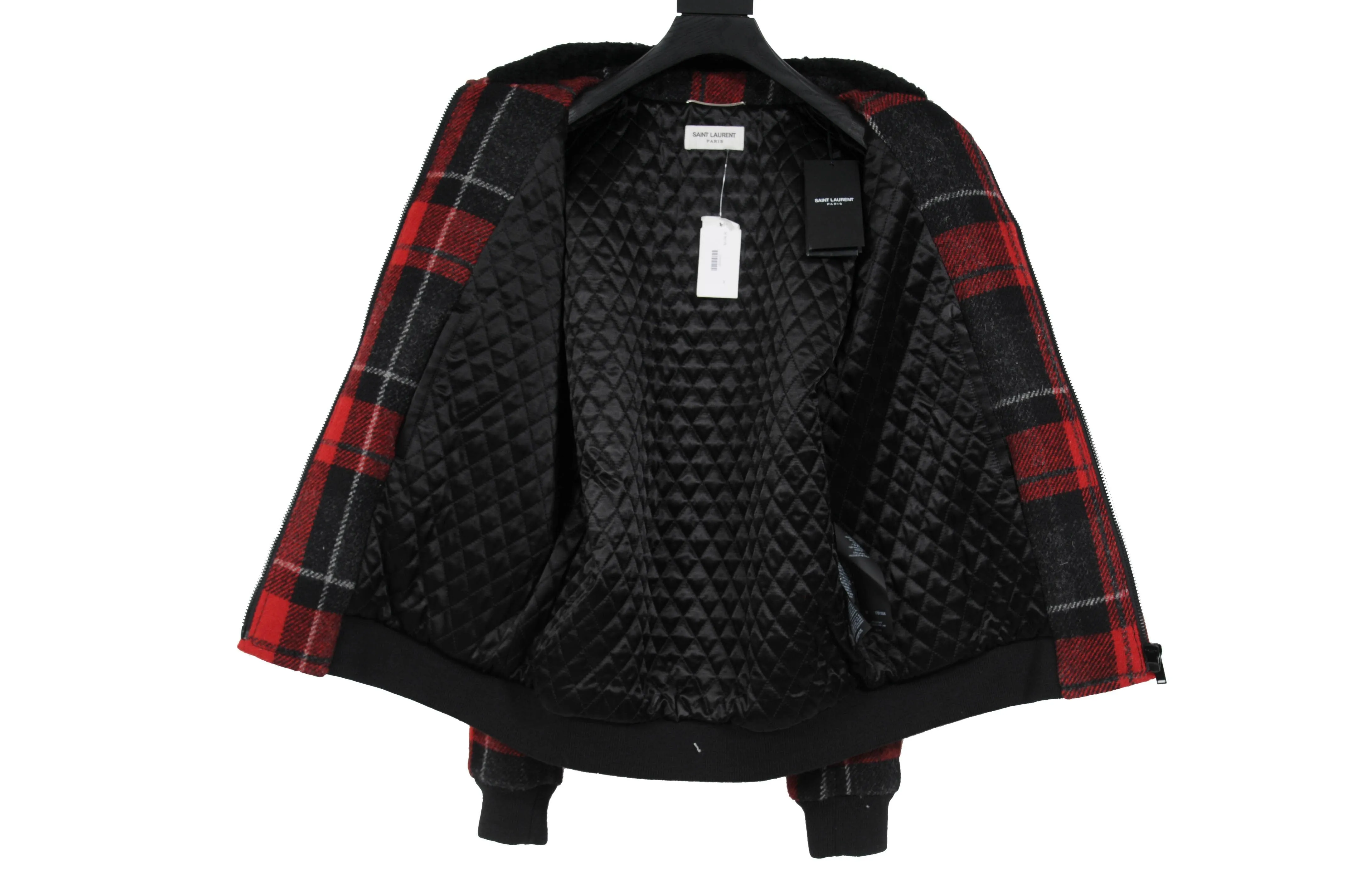 Saint Laurent Red Tartan Print Quilted Wool Shearling Collar Jacket Coat