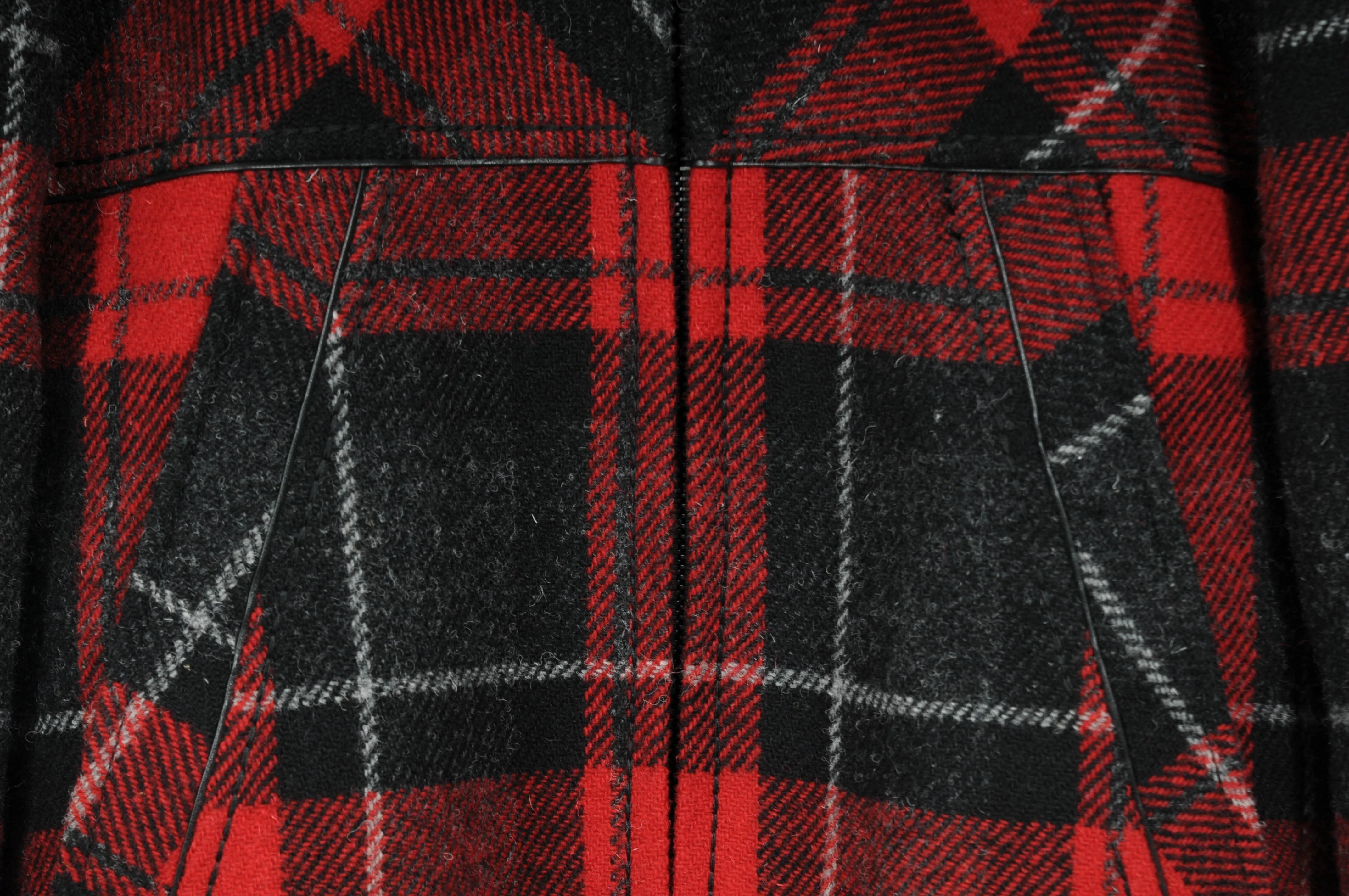 Saint Laurent Red Tartan Print Quilted Wool Shearling Collar Jacket Coat