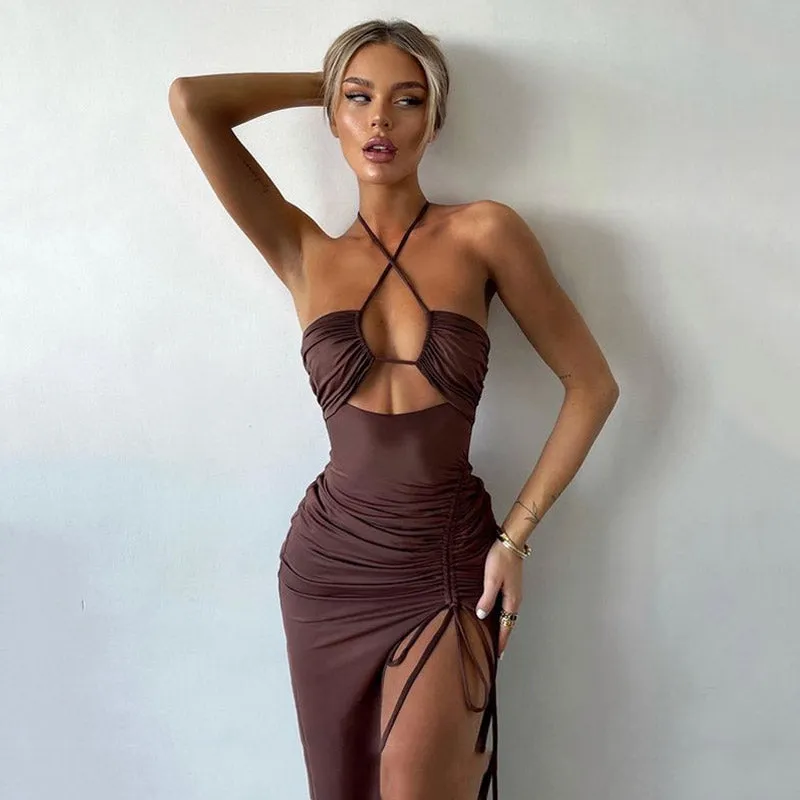 Sexy High Split Cross Front Cutout Ruched Halter Party Maxi Derss - Brown