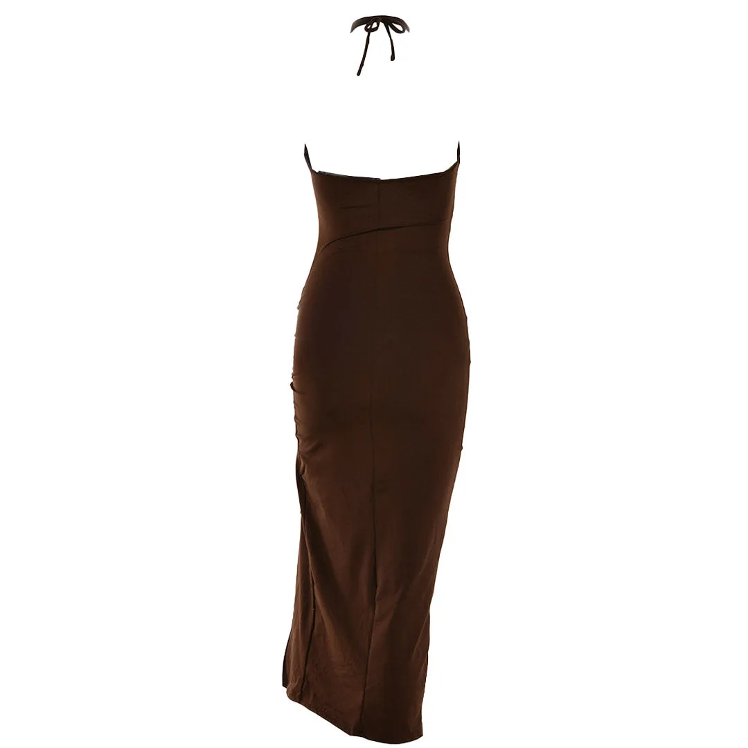 Sexy High Split Cross Front Cutout Ruched Halter Party Maxi Derss - Brown