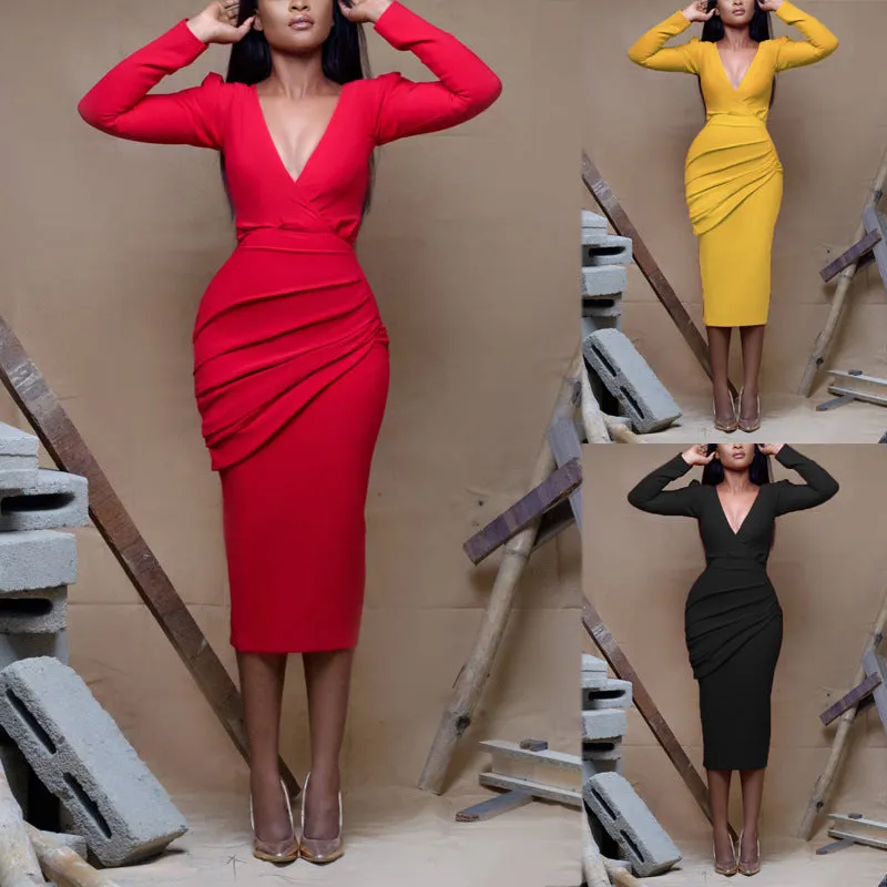 Sexy V-neck mid-length long-sleeved bodycon dress