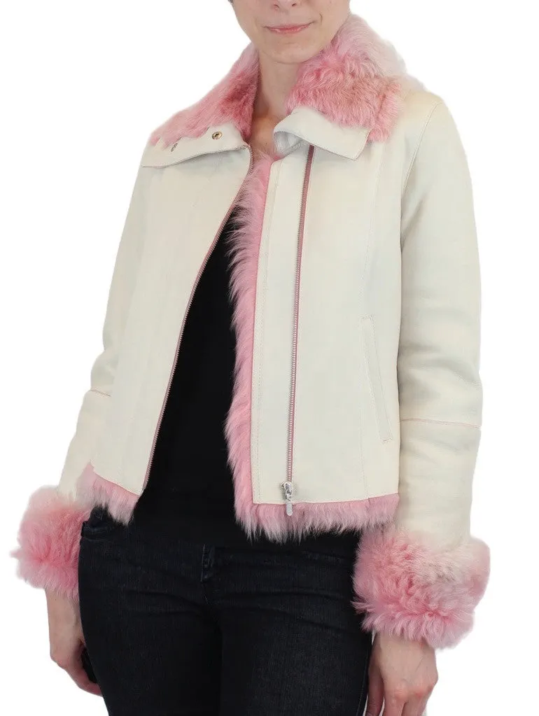 SMALL/MEDIUM PINK & WHITE SHEARLING FUR SHEEPSKIN LEATHER MOTORCYCLE JACKET