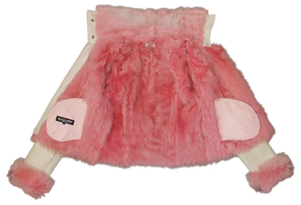 SMALL/MEDIUM PINK & WHITE SHEARLING FUR SHEEPSKIN LEATHER MOTORCYCLE JACKET