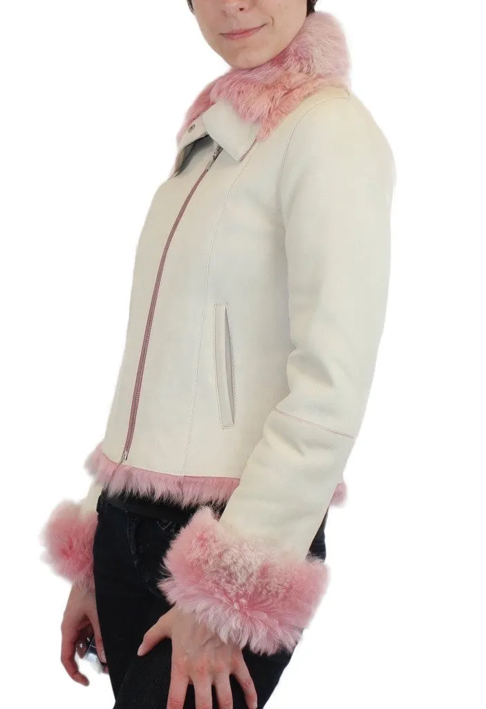 SMALL/MEDIUM PINK & WHITE SHEARLING FUR SHEEPSKIN LEATHER MOTORCYCLE JACKET