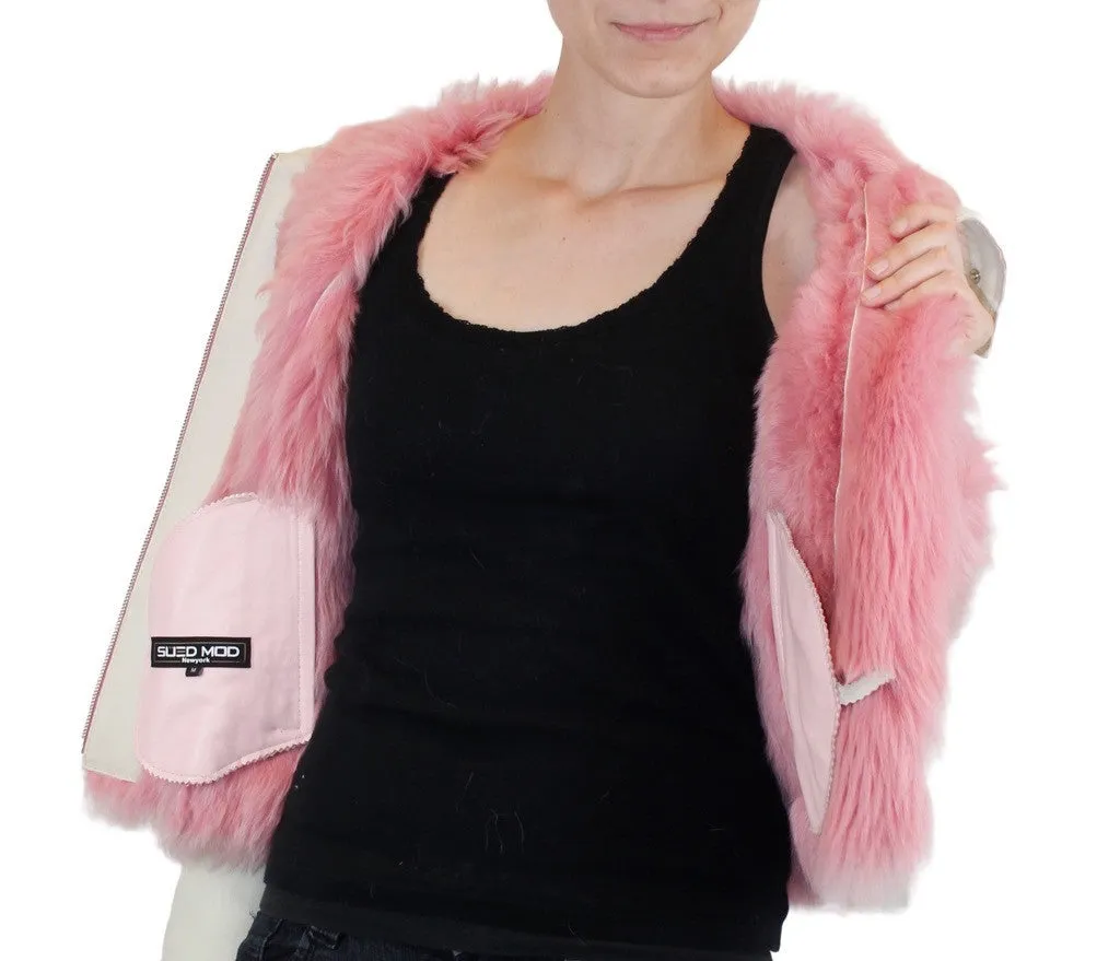 SMALL/MEDIUM PINK & WHITE SHEARLING FUR SHEEPSKIN LEATHER MOTORCYCLE JACKET