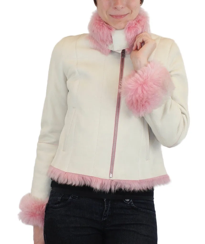 SMALL/MEDIUM PINK & WHITE SHEARLING FUR SHEEPSKIN LEATHER MOTORCYCLE JACKET