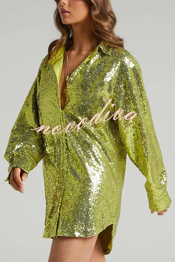 Solid Color Sequined Long-sleeved Casual Mid-length Loose Shirt