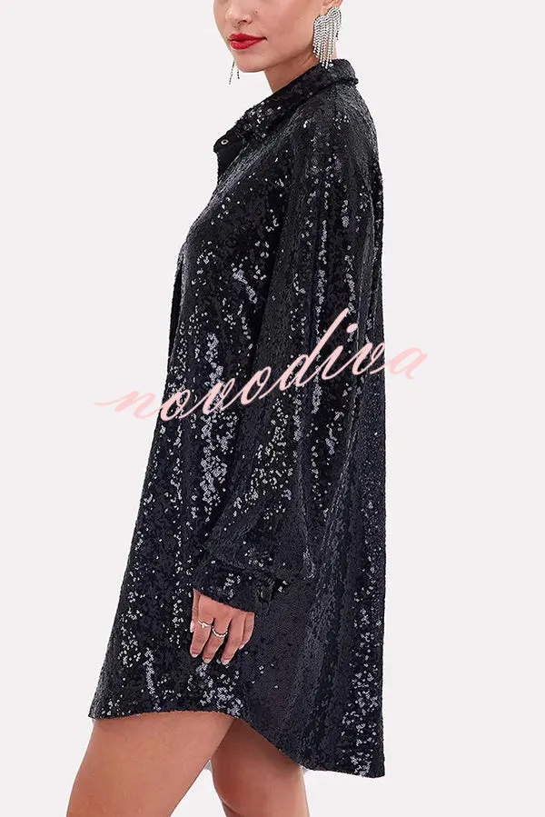 Solid Color Sequined Long-sleeved Casual Mid-length Loose Shirt