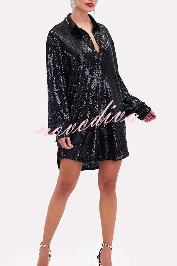 Solid Color Sequined Long-sleeved Casual Mid-length Loose Shirt